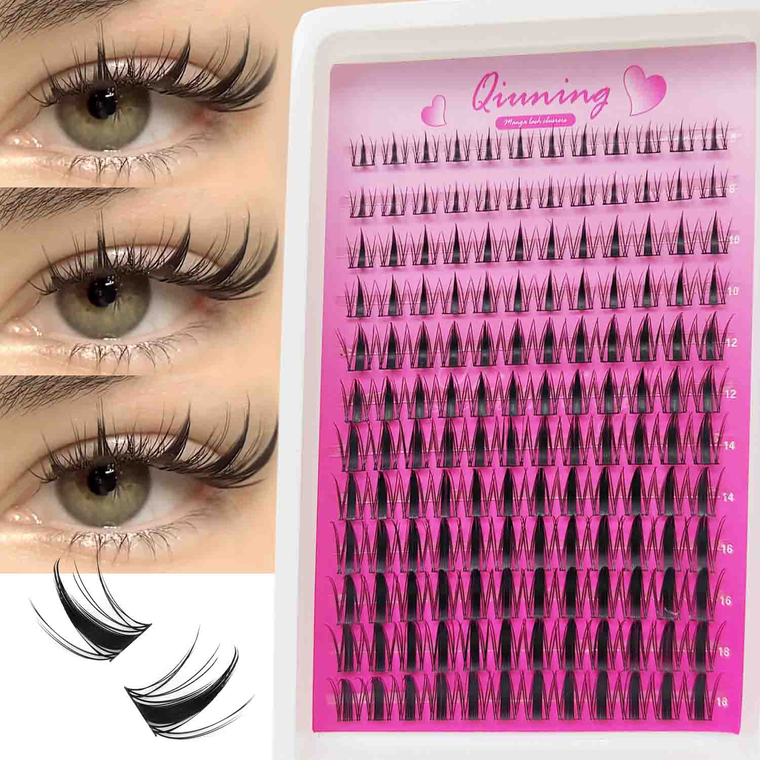 Eyelash Extension Wet Look - QIUNING Zestaw Kępek Rzęs Manga, Przezroczyste